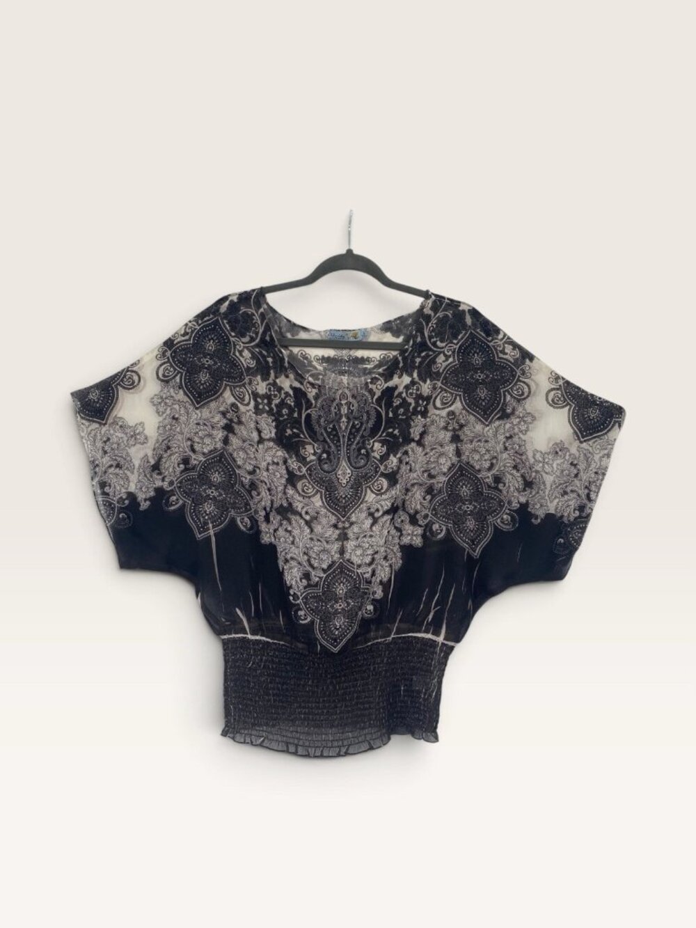 WORLD UNITY Size L Silver Black Kimono Sleeve Top Smocked Waist Mandala Art